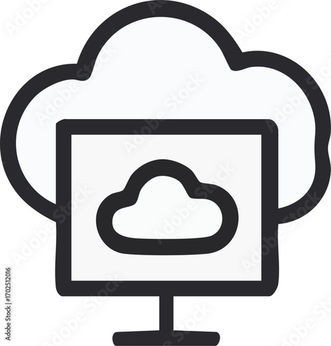 Line art illustration depicting a cloud computing server, showcasing the concept of edge computing with a cloud icon displayed on a computer screen, symbolizing data processing closer 
