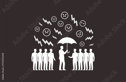 Leader protecting team with umbrella from negativity, stress, crisis, angry faces, conflict, teamwork protection, business leadership, support concept