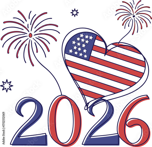 Flat american flag shaped as a heart with patriotic symbolism
