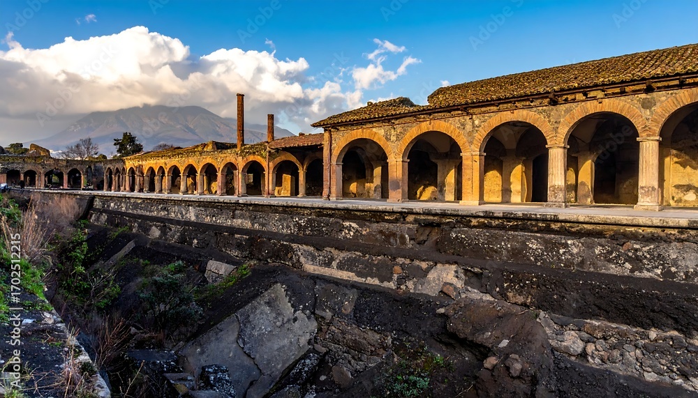 Fototapeta premium Ancient ruins, a colonnaded courtyard, Vesuvius in the background