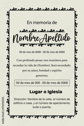 Tarjeta de invitación para funeral con detalles en color negro