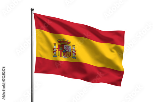 A waving Spanish flag with a pole in a patriotic display of Spain