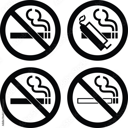 No Smoking & Vaping Icons – Black Vector Set of Cigarette and Vape Prohibition Symbols for Public Health and Signage Use