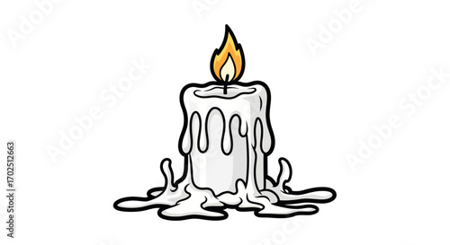 Cartoon Melting White Candle with Bright Flame and Dripping Wax.
