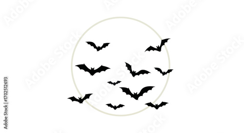 A Flock of Silhouetted Bats Flying Against a Full Moon.