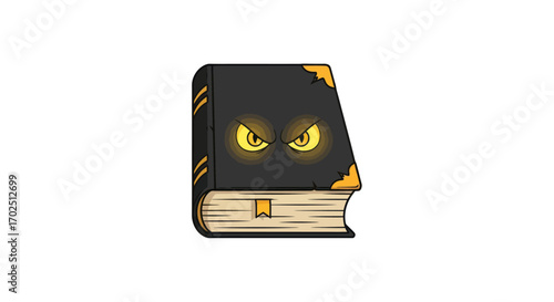 Mysterious Black Book with Glowing Evil Eyes and Golden Corners.