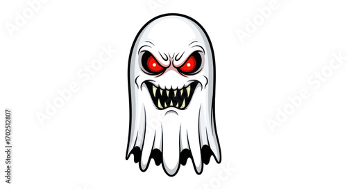 Spooky cartoon ghost with glowing red eyes and sharp fangs.