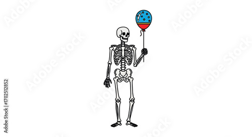 Cartoon Skeleton Holding a Birthday Balloon.