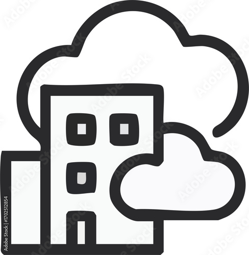 Line art illustration depicting a building connected to a cloud, symbolizing edge computing infrastructure and data processing in a modern technological context.