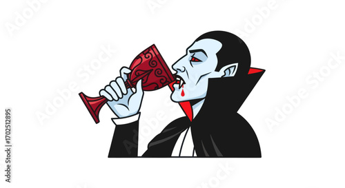 A classic vampire with a high-collared cape drinking blood from an ornate goblet.