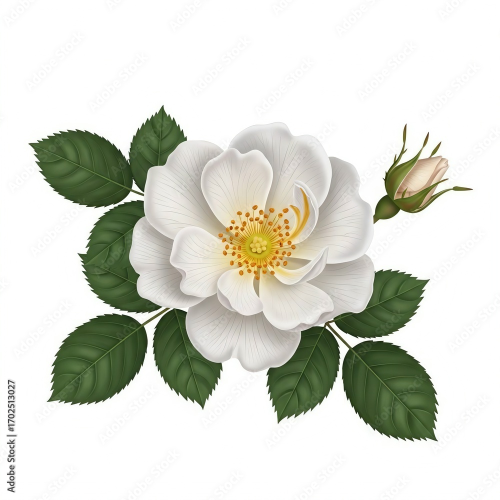 Obraz premium White rose flower with green leaves and bud isolated on white background