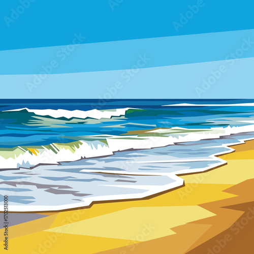 Cartoon ocean scene with waves crashing on a sandy beach under blue sky.