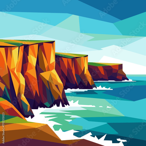 Abstract landscape illustration cliffs meet ocean water with polygonal style design.