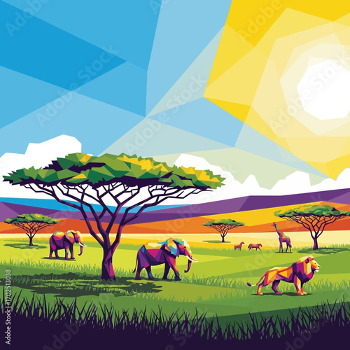 Illustration of african savanna landscape with animals under a bright sun.