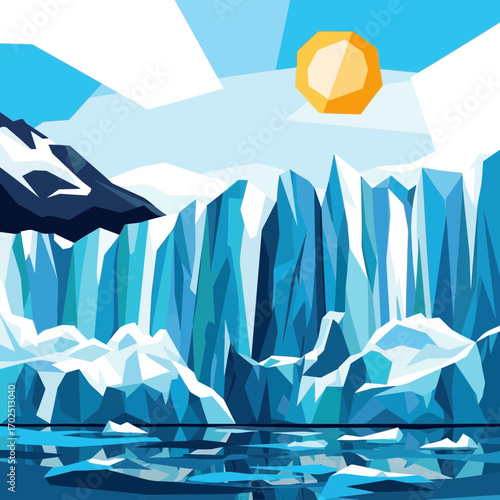 Cartoon illustration of a cold arctic landscape with ice cliffs and water.
