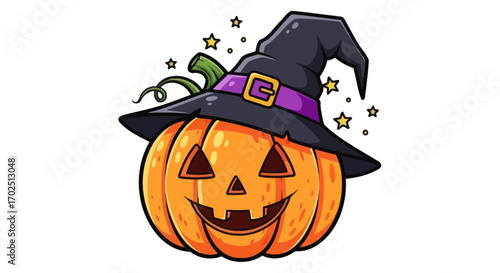 Cartoon Jack-o-Lantern Wearing Witchs Hat with Stars.