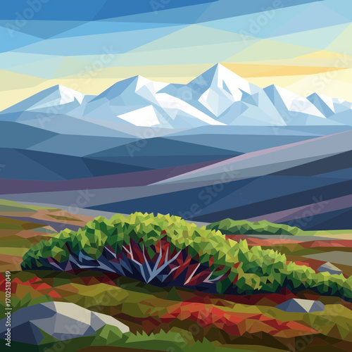 Landscape painting shows mountains hills and a bush under a blue sky.
