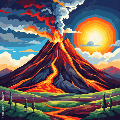 Volcano erupting with lava flowing down its side under a bright sun.