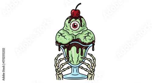 Spooky Ice Cream Sundae with Eyeball Topping and Skeleton Hands.