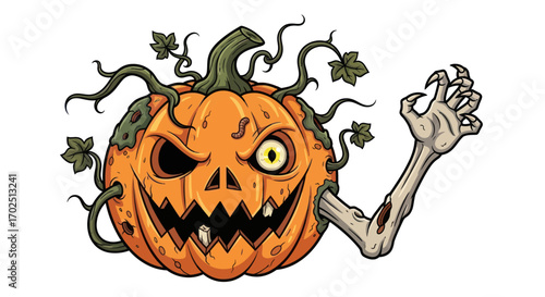 Spooky Carved Pumpkin with Zombie Arm for Halloween.