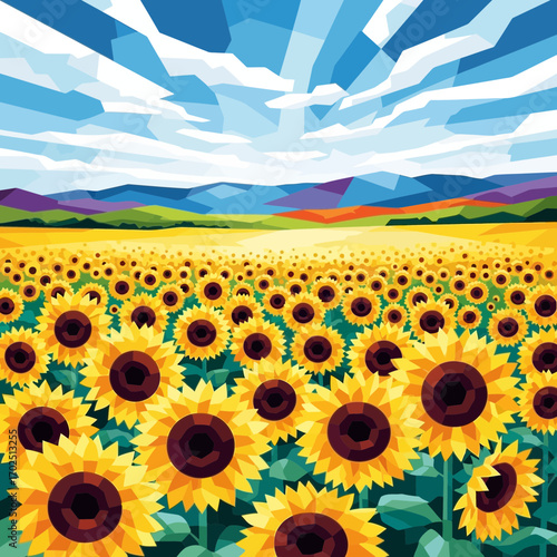 Sunflower field with mountains and blue sky digital painting bright colors.