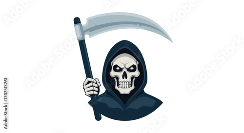 Cartoon illustration of the Grim Reaper a hooded skull figure holding a large scythe.