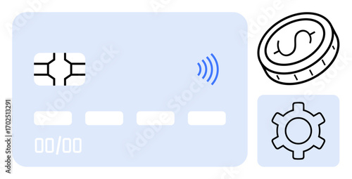 Credit card with chip and wireless signal, coin with dollar sign, and settings gear. Ideal for payment systems, online transactions, finance, fintech, digital economy, banking simple landing page