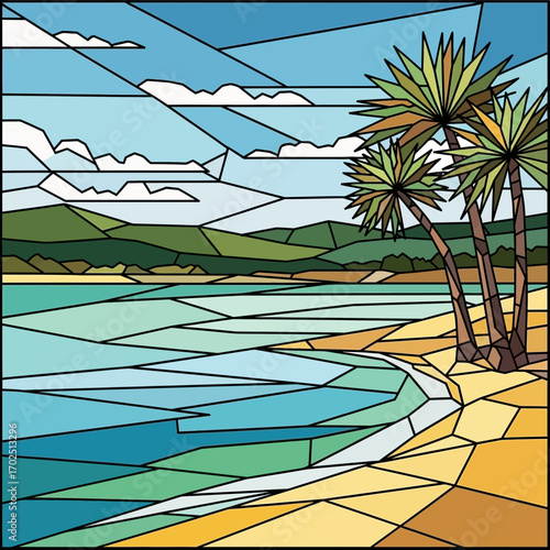 Stylized landscape with beach palm trees ocean hills and cloudy sky.