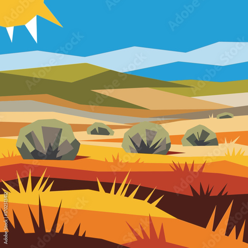 Cartoon landscape with hills, dry grass, bushes, blue sky, and sun.