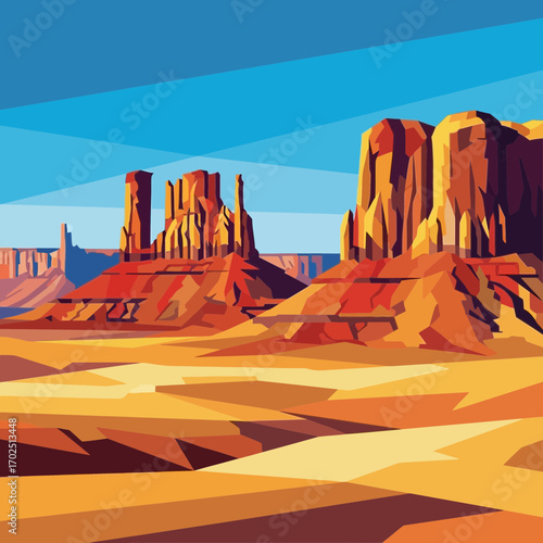 Desert landscape with sandstone buttes under a blue sky in stylized vector art.
