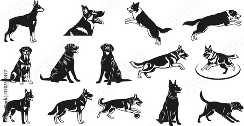 Black dog silhouette vector set with multiple breeds in various poses, running, sitting, jumping, playing, domestic pet clipart for design projects