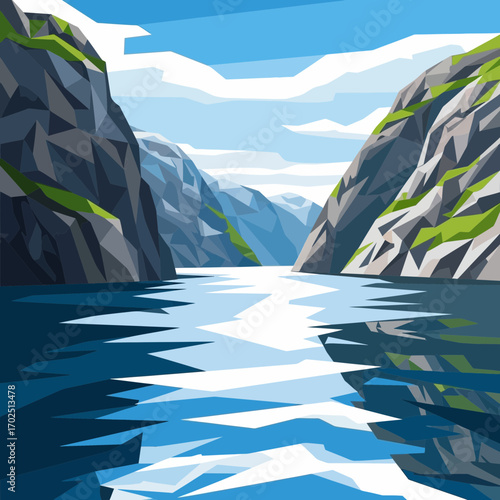 Water flows between rocky cliffs under a bright sky illustration style.