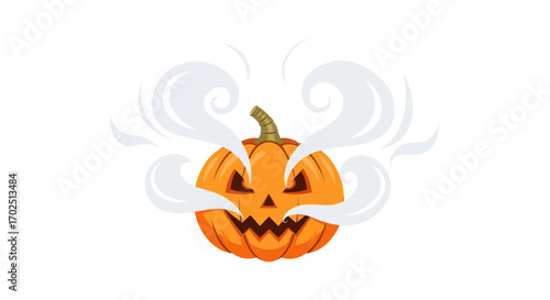 Carved Halloween Pumpkin with Spooky Face and Smoke.