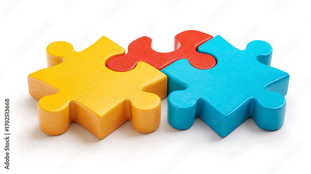 Fototapeta premium Three colorful puzzle pieces interlock, symbolizing connection and collaboration on a white background.
