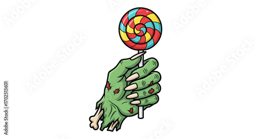 A green zombie hand with long nails holding a colorful spiral lollipop.