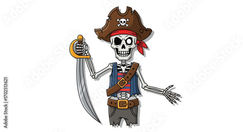 Cartoon Pirate Skeleton with Sword and Hat.