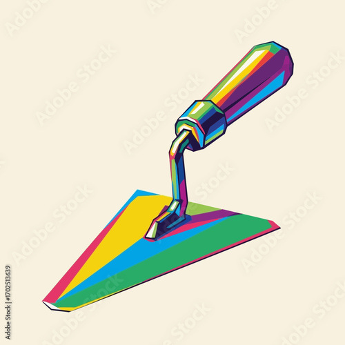 Rainbow colored trowel tool with handle on a neutral background.