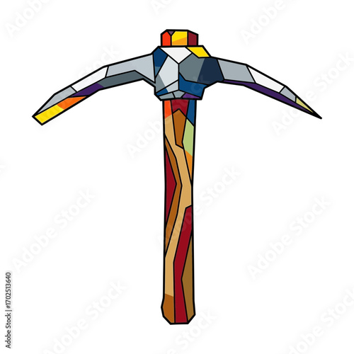 Cartoon pickaxe tool with wooden handle and metal head on white background.