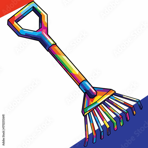 A colorful rake illustration with a white background and red and blue accents.