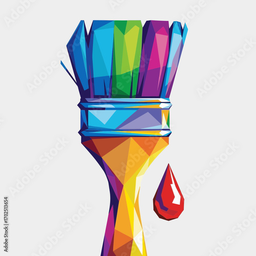 Colorful paintbrush with paint drop on a white background in low poly style.