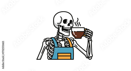 Cartoon Skeleton Barista Drinking Hot Coffee.
