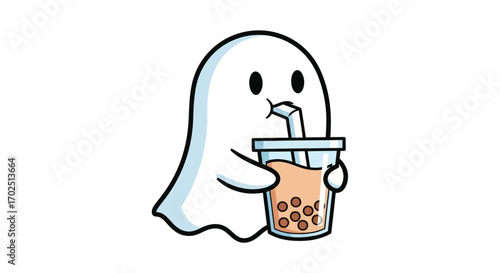 Cute Cartoon Ghost Enjoying Boba Tea with Straw.