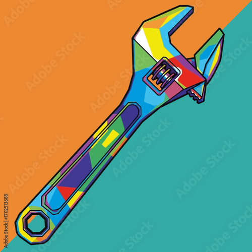 Colorful adjustable wrench illustration on orange and teal background.