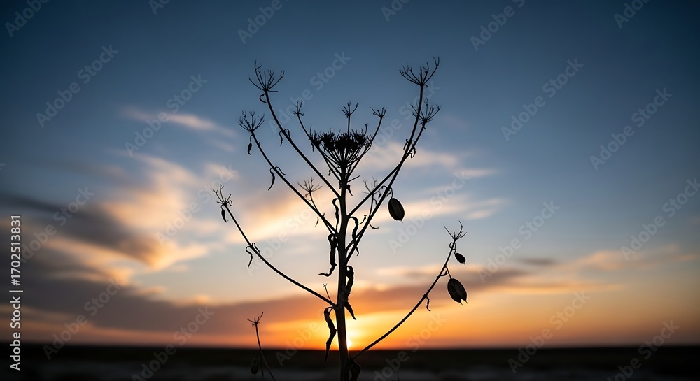 Obraz premium Silhouette of a Dried Plant at Sunset.