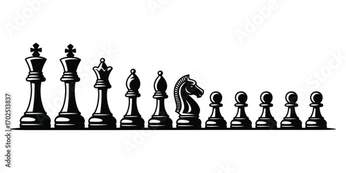 Chess Pieces Composition Strategic Game Elements Arranged in a Row, A Symbol of Strategy, and Intellectual Challenge