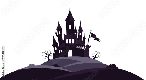Silhouette of a Spooky Castle on a Hill with Flag.