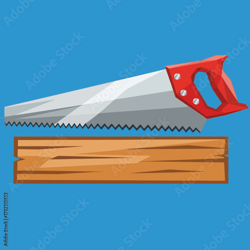 Hand saw and wooden plank on a blue background simple illustration.