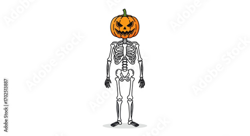 Spooky Halloween Skeleton with Jack-o-lantern Head.