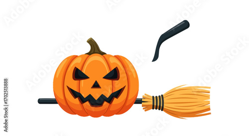 Carved Halloween Pumpkin with Witchs Broom.