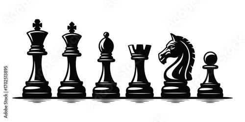 Set of black chess piece icons. King, queen, rook, bishop, knight, and pawn figures in a row. Strategic board game concept vector graphic
